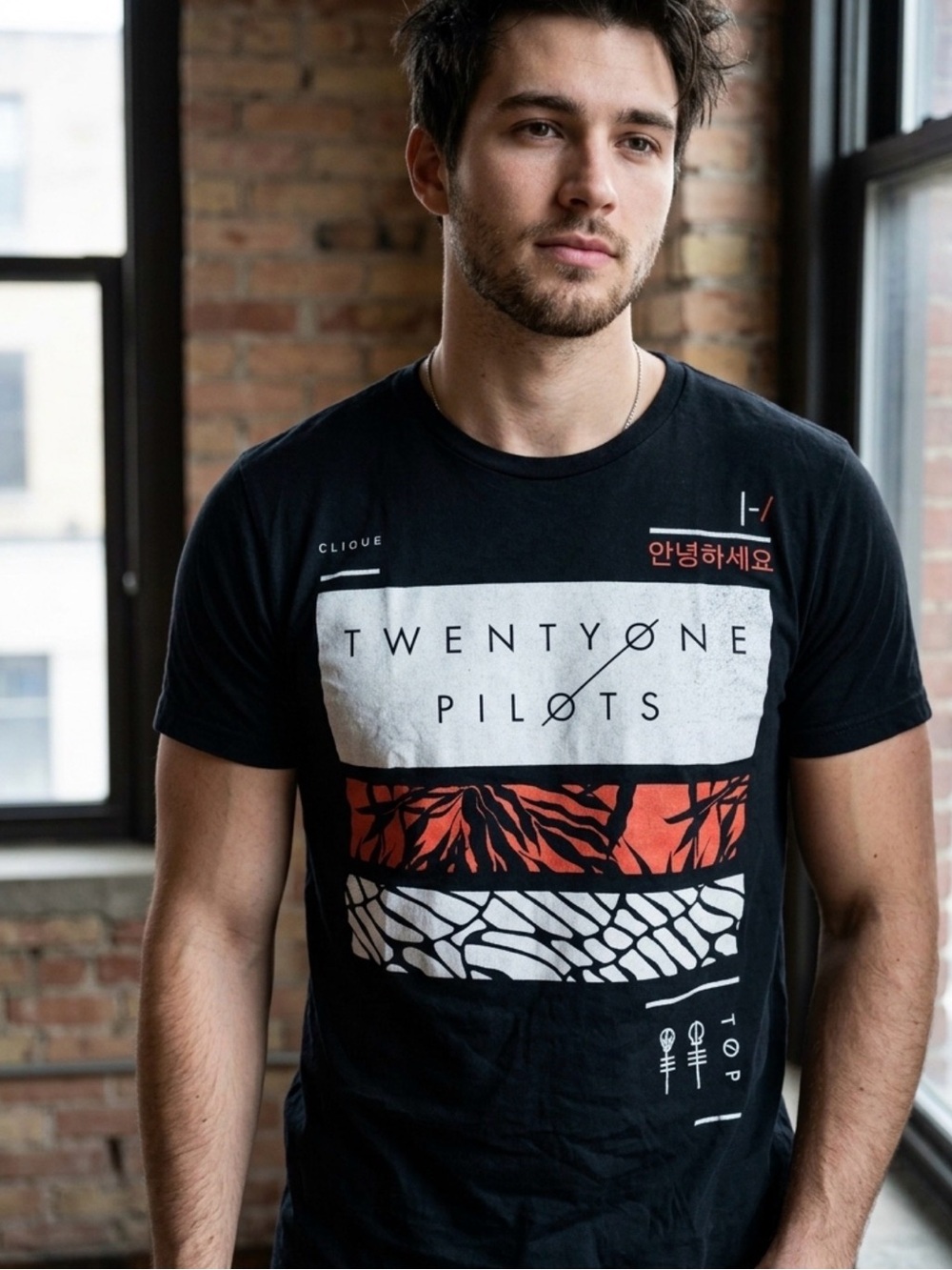 Twenty One Pilots Black Graphic Band Tee with Red & White Panels